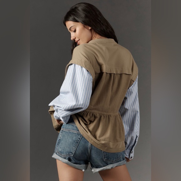 Pilcro Anthropologie Shirt Sleeve Knit Babydoll Shacket Moss Size XXS NWT - Picture 2 of 10